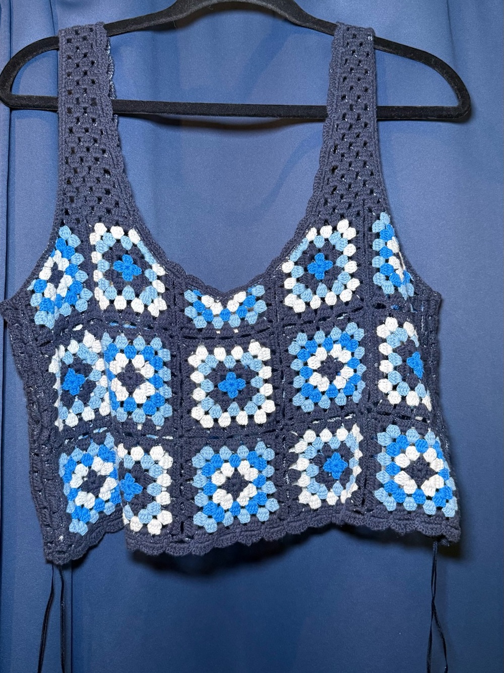 Sincerely Jules Navy Crochet Crop Top with Blue & White Squares